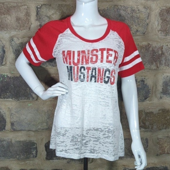 Pel Industries Top Raglan Sleeve Burn Out Munster Mustangs Woman's‎ Size Large - Picture 1 of 11
